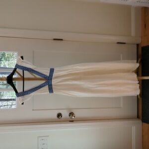 J.Crew White Deep V Maxi Dress with Blue Crochet Detail Size M